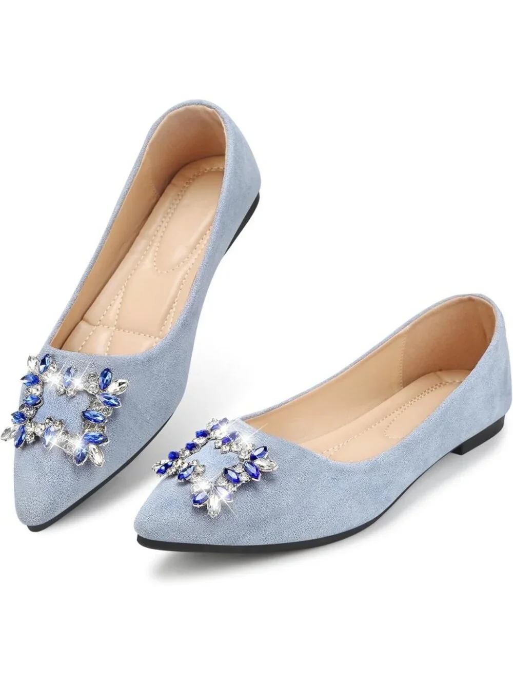 Women's Grey 1 Faux Suede Comfort Pointed Toe Pearl Flats Non Slip Soft Sole